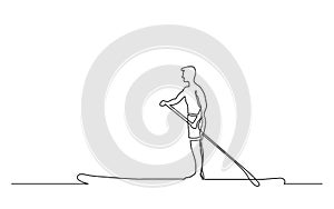 Continuous line drawing of man paddling on board