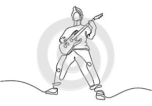 continuous line drawing of a man playing guitar. Man musician vector illustration.Single one hand drawn lineart minimalism