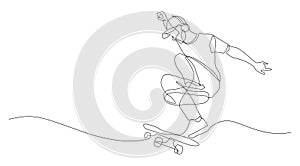 Continuous line drawing of man playing skateboard