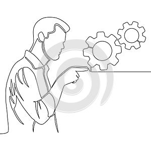 Continuous line drawing Man pointing the gears icon vector illustration concept