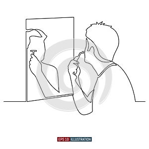 Continuous line drawing of A man shaves his face in front of a mirror. Template for your design works. Vector illustration