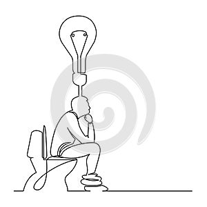 Continuous line drawing of man sitting on toilet seat thinking a