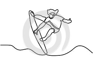 Continuous line drawing, a man standing on surfboard. Surfing sport theme. Summer holiday activity with artistic contour hand