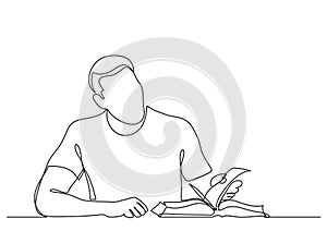 Continuous line drawing of man studying reading book