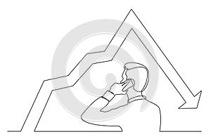 Continuous line drawing of man talking on mobile pnone about decreasing graph