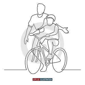 Continuous line drawing of A man teaches a child to ride a bicycle. Father and son. Template for your design works. Vector