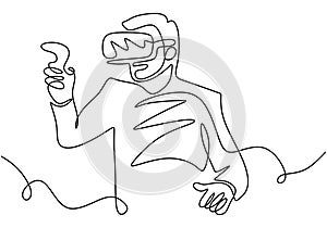 Continuous line drawing of man in VR glasses, holding motion controller. A male playing virtual games hand drawn line art doodle