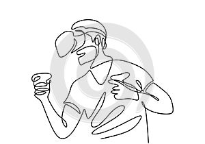 Continuous line drawing of man in VR glasses, holding motion controller. A male playing virtual games hand drawn line art doodle