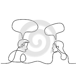 Continuous line drawing of man and woman having conversation with speech bubbles. Young couple sitting and Having small talk at