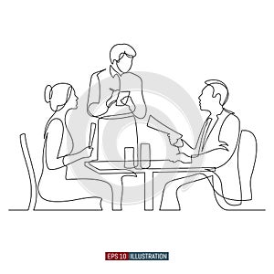 Continuous line drawing of Man and woman at a table in a restaurant. The waiter accepts the order. Lunch or dinner scene. Template photo