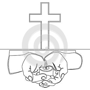 Continuous line drawing memorial candle in hands and Christian cross icon vector illustration concept