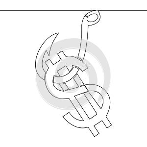 Continuous line drawing money bait financial trap, dollar on hook icon vector illustration concept