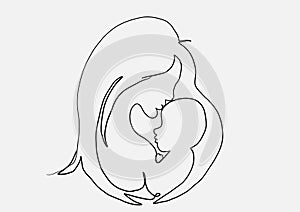 Continuous line drawing of mother with a baby with heart shape symbo