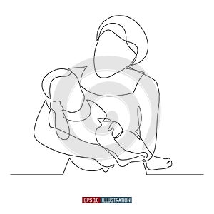 Continuous line drawing of mother and child. Abstract mom and baby silhouette. Template for your design. Vector illustration