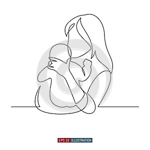 Continuous line drawing of mother and child. Abstract mom and baby silhouette. Template for your design. Vector illustration