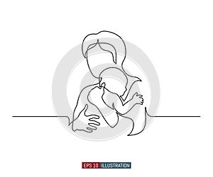 Continuous line drawing of mother and child. Abstract mom and baby silhouette. Vector illustration.