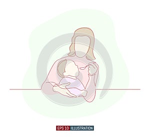 Continuous line drawing of mother feeds the child. Vector illustration.