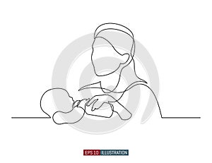 Continuous line drawing of mother feeds the child. Vector illustration.