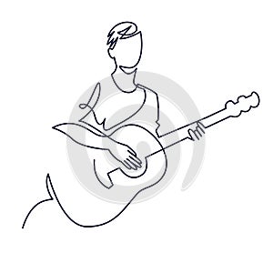 Continuous line drawing of musician plays acoustic guitar vector illustration isolated on white. Musical concept for