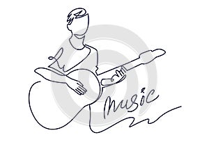 Continuous line drawing of musician plays acoustic guitar vector illustration isolated on white. Musical concept for