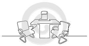 Continuous line drawing of office room with desk and executive chairs