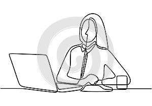 Continuous line drawing of office worker sitting working on laptop computer. Female freelancer connecting to internet via computer