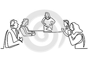continuous line drawing of office workers at business meeting, Teamwork with group of man and woman. Vector illustration training