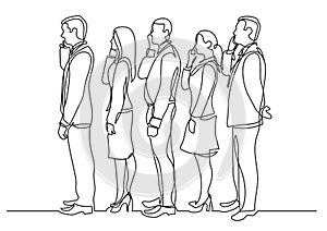 Continuous line drawing of office workers standing in line making phone calls