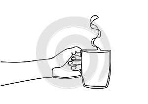 Continuous line drawing of one hands holding a coffee cup. Hand give gesture. Hot coffee or tea concept. Vector coffee