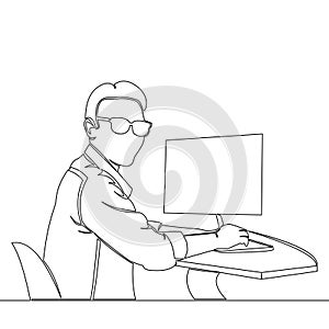 Continuous line drawing Online career Young man freelancers working on computer icon vector illustration concept