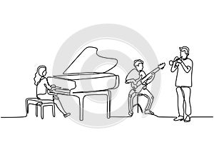 Continuous line drawing of orchestra music performance. Piano, guitar, and trumpet clarinet player. Musician artist concept single