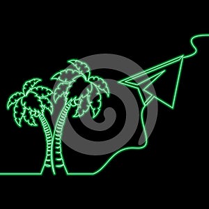 Continuous line drawing paper plane flying to the island with palm icon neon glow vector illustration concept
