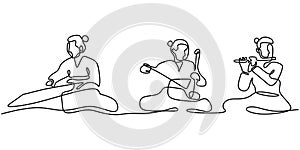 Continuous line drawing of people with Gayageum or Kayagum, is a traditional Korean zither-like string. One hand drawn sketch of