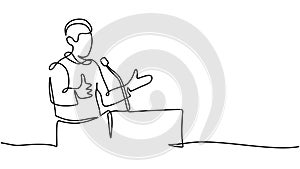 Continuous line drawing people give a speech on podium. Minimalist vector illustration. Man talking to audience during event