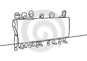 Continuous line drawing people holding a protest sign. People`s aspirations. Protest or revolution concept. Vector illustration