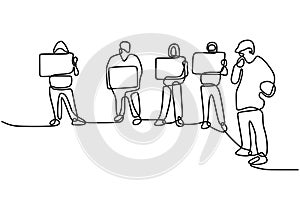 Continuous line drawing people holding a protest sign. People`s aspirations. Protest or revolution concept. Vector illustration