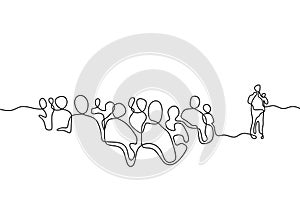 Continuous line drawing of people meeting minimalist design. Conceptual of audience with a speaker during startup business or