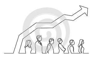 Continuous line drawing of people standing in line with increasing graph