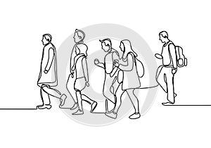 Continuous line drawing of people walking on the street after work time conteptual hand drawn minimalism lineart design isolated photo