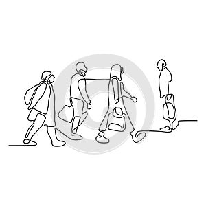 Continuous line drawing of people walking on the street after work time conteptual hand drawn minimalism lineart design isolated