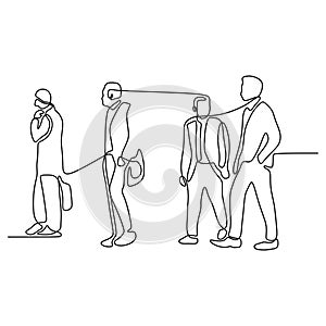 Continuous line drawing of people walking on the street after work time conteptual hand drawn minimalism lineart design isolated