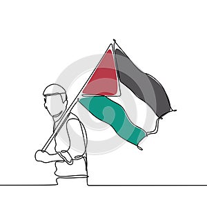 Continuous line drawing of person with Palestine flag country for jihad