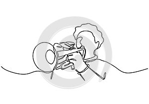 Continuous line drawing of person playing cornet. A brass instrument similar to the trumpet vector illustration jazz theme