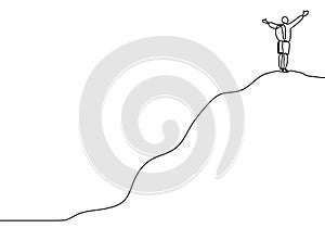 Continuous line drawing of person rising hands after climbing a peak of mountain. Concept of happy success achieving goals theme