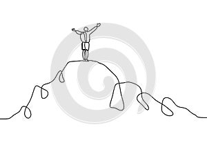 Continuous line drawing of person rising hands after climbing a peak of mountain. Concept of happy success achieving goals theme