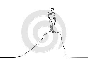 Continuous line drawing of person standing on peak of mountain. Concept of happy success achieving goals theme