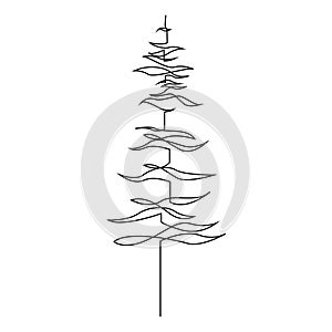 Continuous line drawing of pine. Fir-tree. Black isolated on white background. Hand drawn christmas tree vector