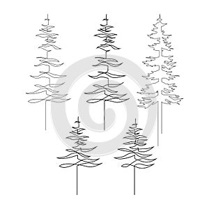 Continuous line drawing of pine. Fir-tree collection. Black isolated on white background. Hand drawn christmas tree set