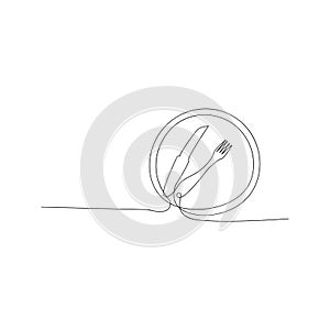 continuous line drawing of plate, khife and fork. isolated sketch drawing of plate, khife and fork line concept. outline thin