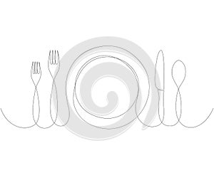 Continuous line drawing of plate, knife, and fork. Minimalism hand drawn one lineart minimalist dinner theme vector